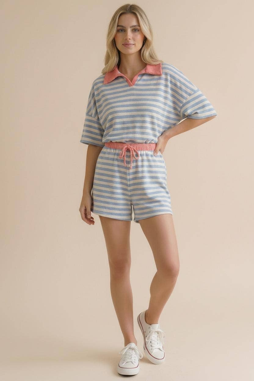 Stripe Color Block Loose Fit Lounge Wear Set: Light Blue/Coral