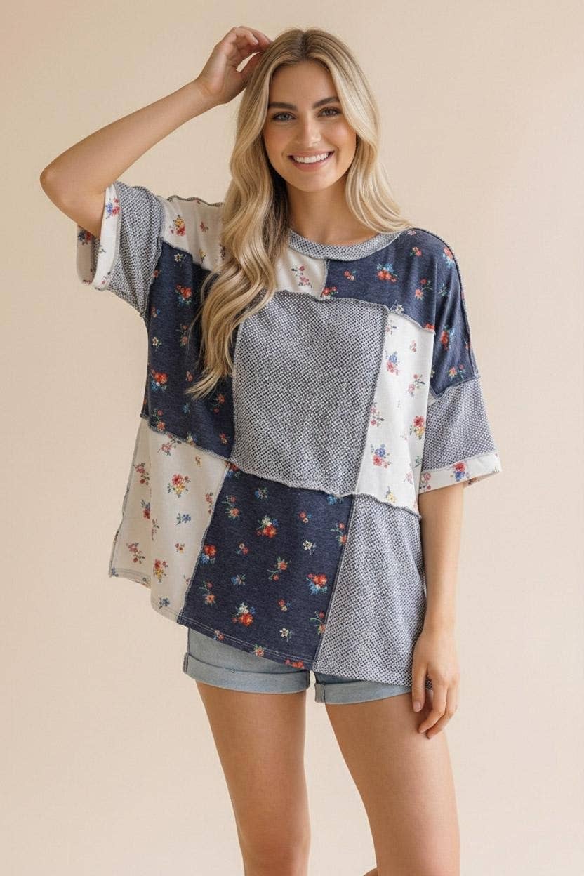 Textured Knit Floral Color Block Patchwork: Grey/White/Navy