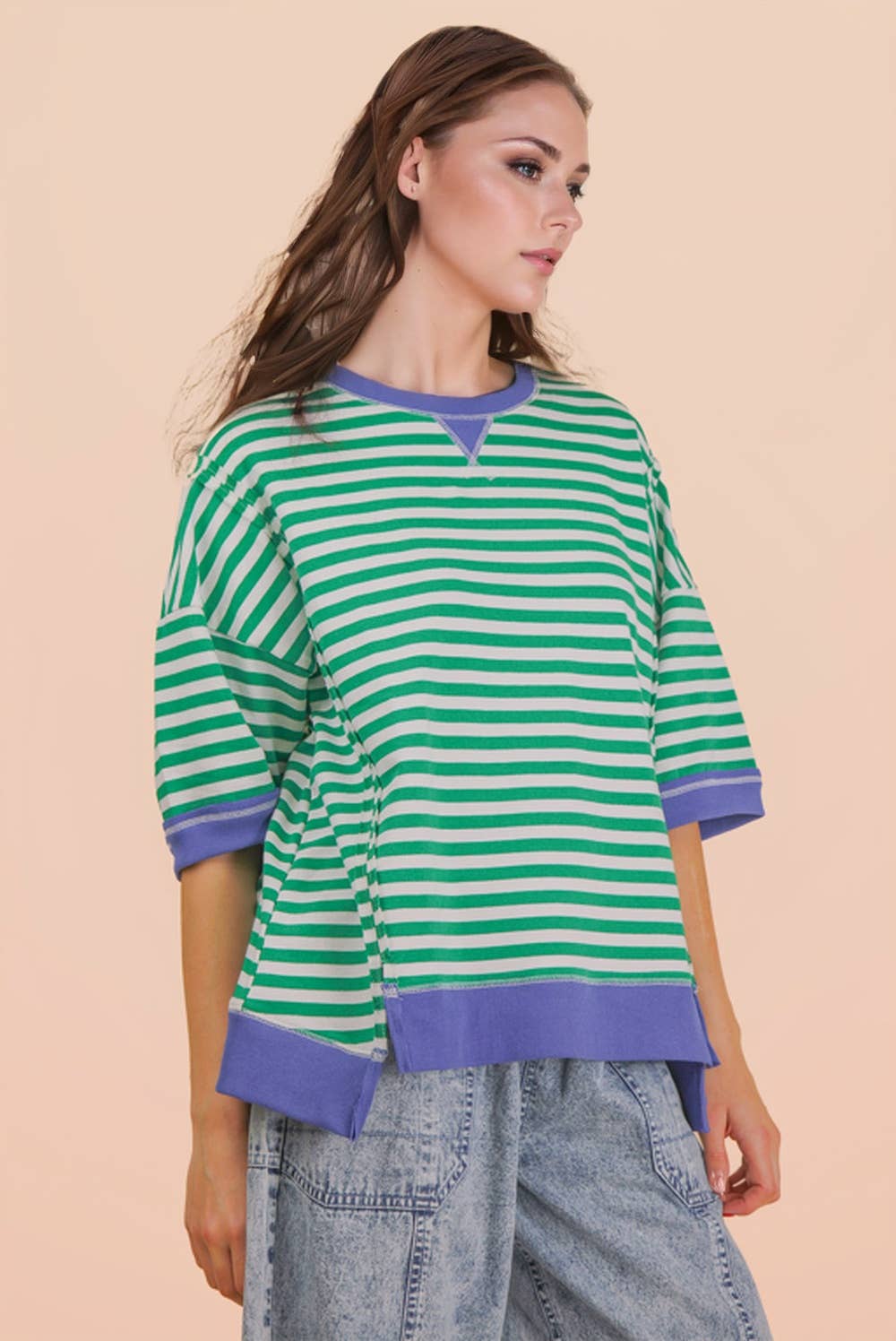 Kelly and Cream Oversized Stripe Casual Knit Top