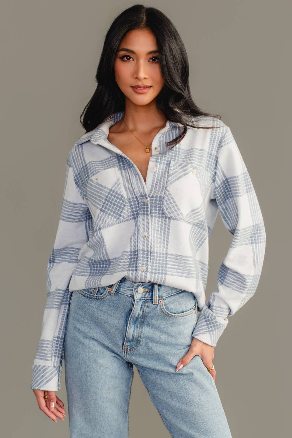 White &amp; Dusty Blue Plaid Button Up Jacket