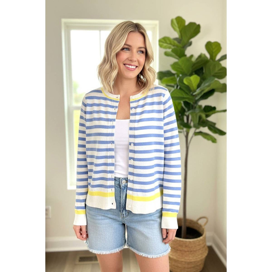 BUTTON DOWN STRIPED CARDIGAN: CHAMBRAY