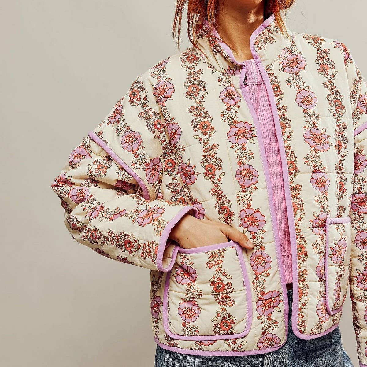 COLOUR-BLOCK FLORAL PRINT QUILTED Jacket Orange / MEDIUM ONLY