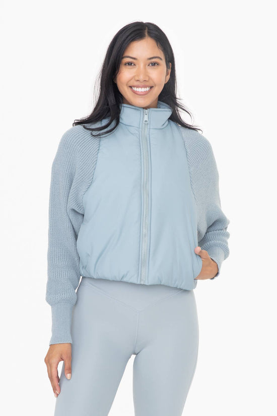 Nylon-Trim Padded Hybrid Zip Sweater SMOKEY BLUE
