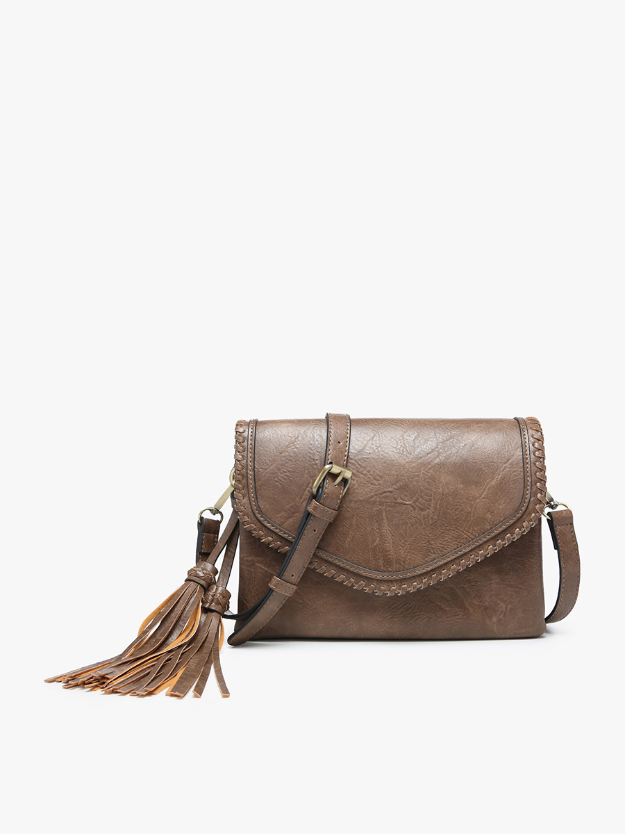 Sloane Flapover Crossbody w/ Whipstitch and Tassel: Coffee