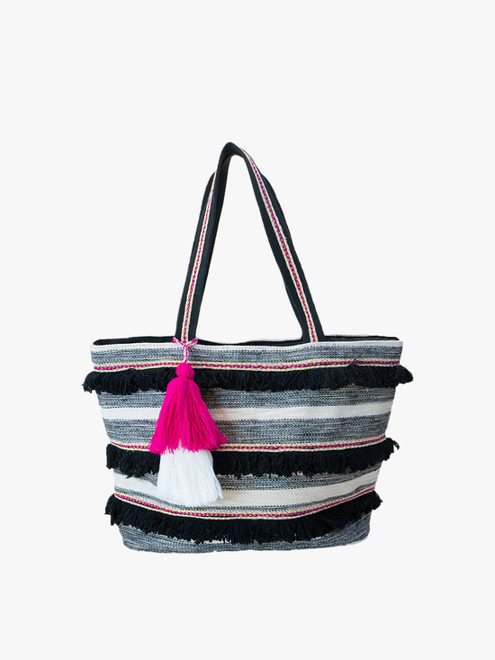 Taisha Striped Cotton Tassel Tote: Stripe-Black/Pink