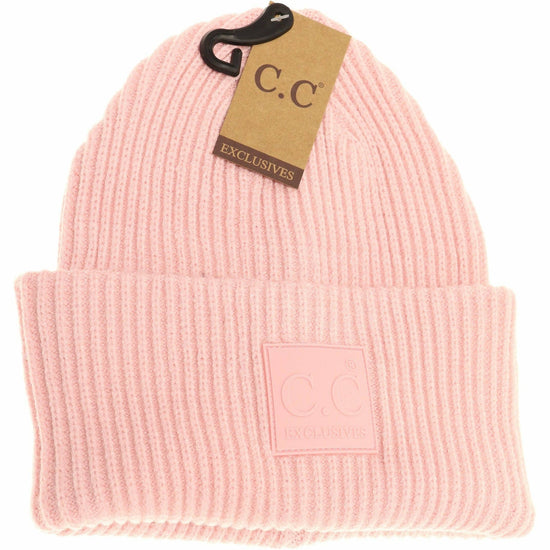 Solid Ribbed CC Beanie with Rubber Patch Hat - Blush Pink