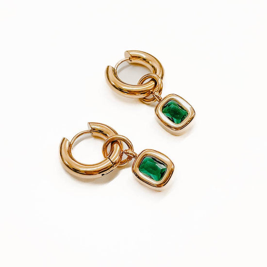 Emerald Accent Chunky Hoop Gold Earrings