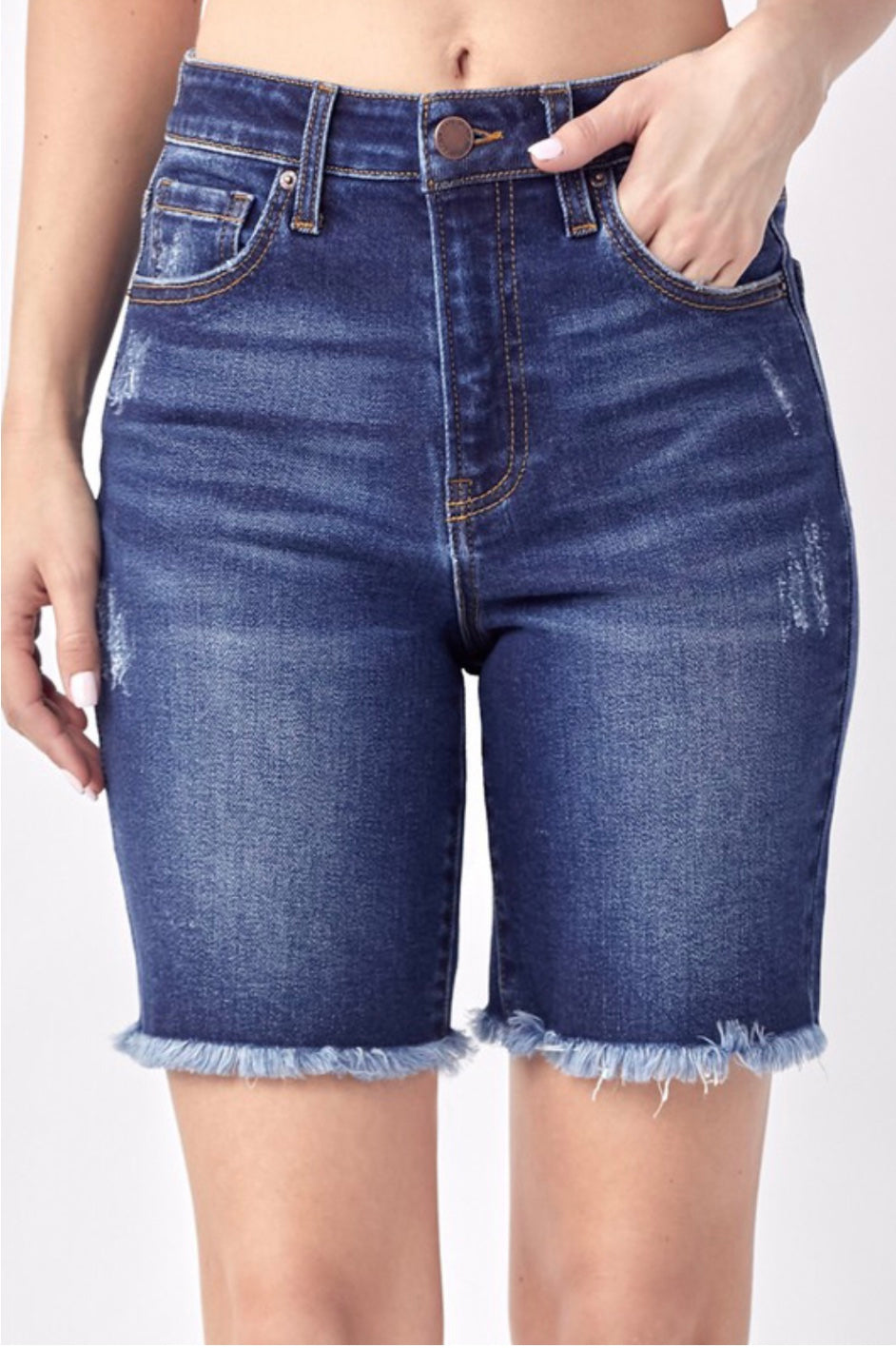 Jessica High Rise Distressed Bermuda Shorts